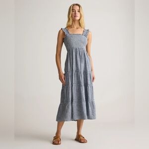 NWT: Quince 100% European Linen Smocked Midi Dress in Chambray Stripe